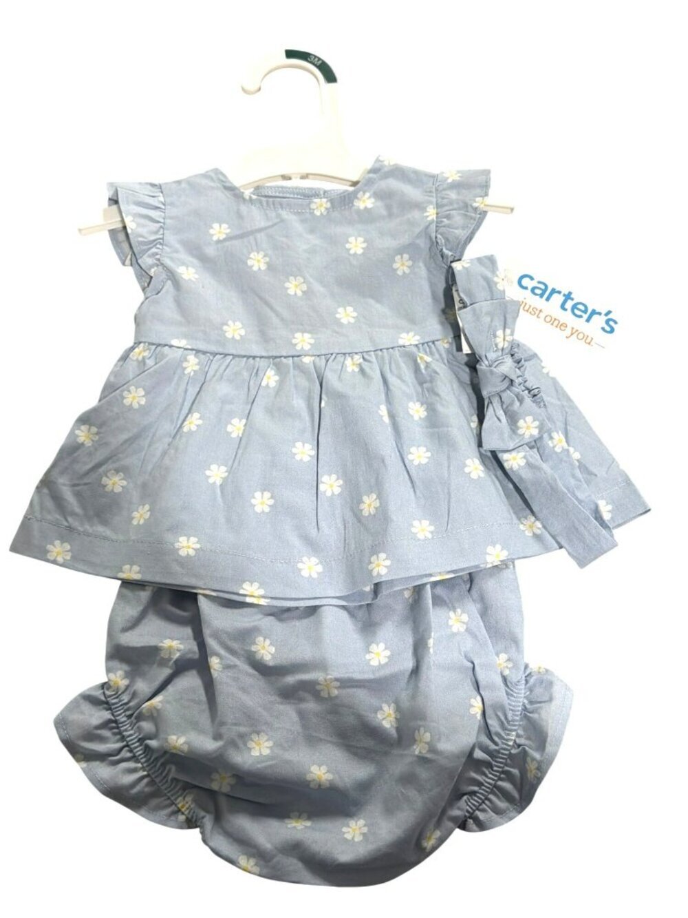 Carters 3-Piece Blue Daisy Outfit Headband Dress And Bloomers Size 3M Baby Girls